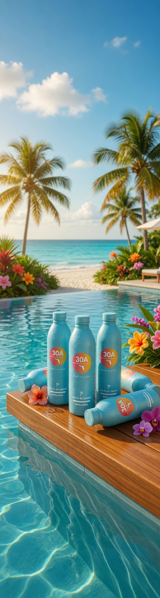 Two 30A Spring Water bottles on the beach framed by palm fronds