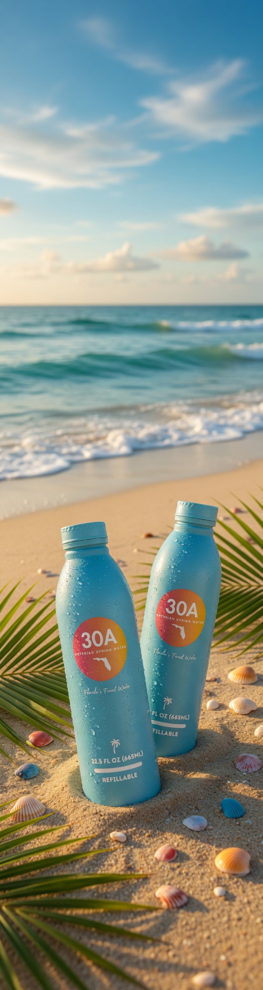 30A Spring Water bottle resting on a white sand dune