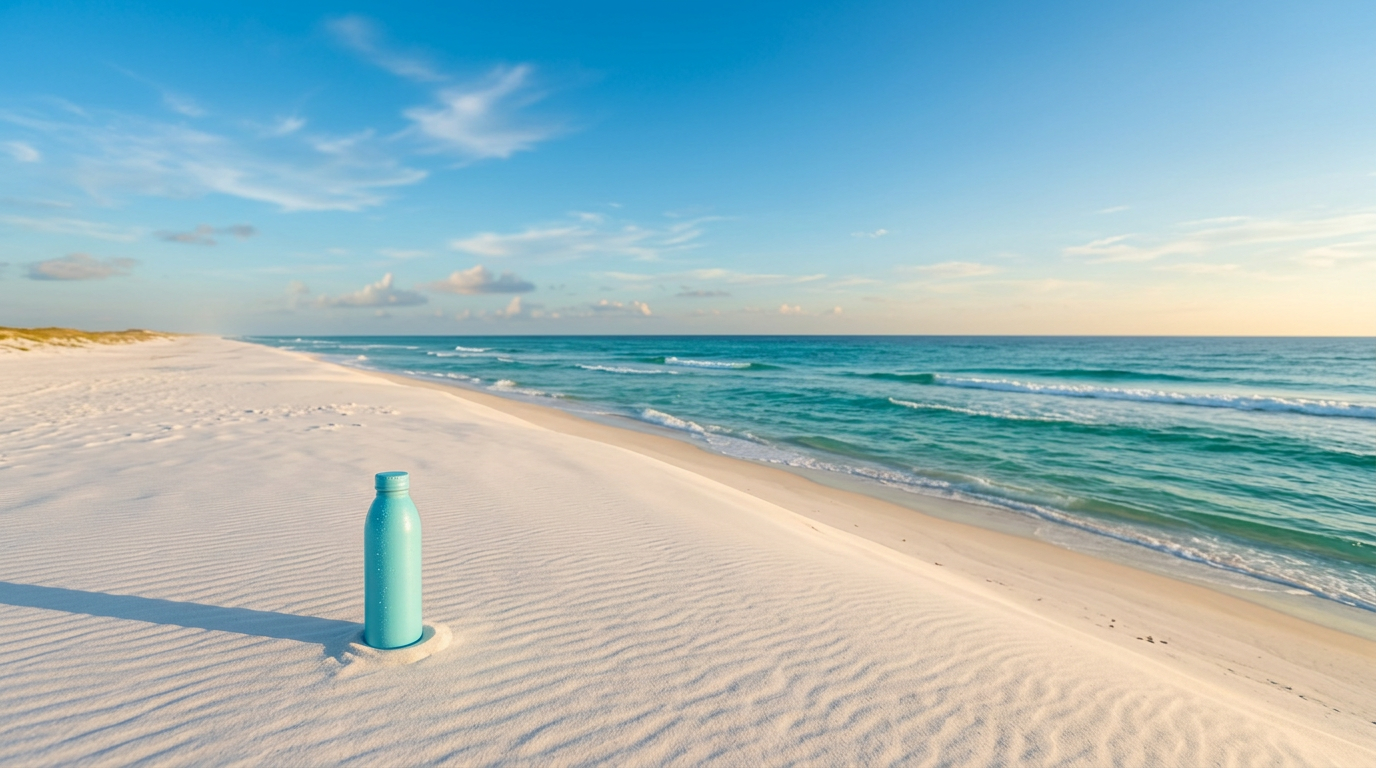 30A Spring Water bottle resting on a white sand dune