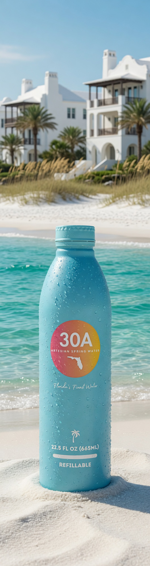 Two 30A Spring Water bottles on the beach framed by palm fronds