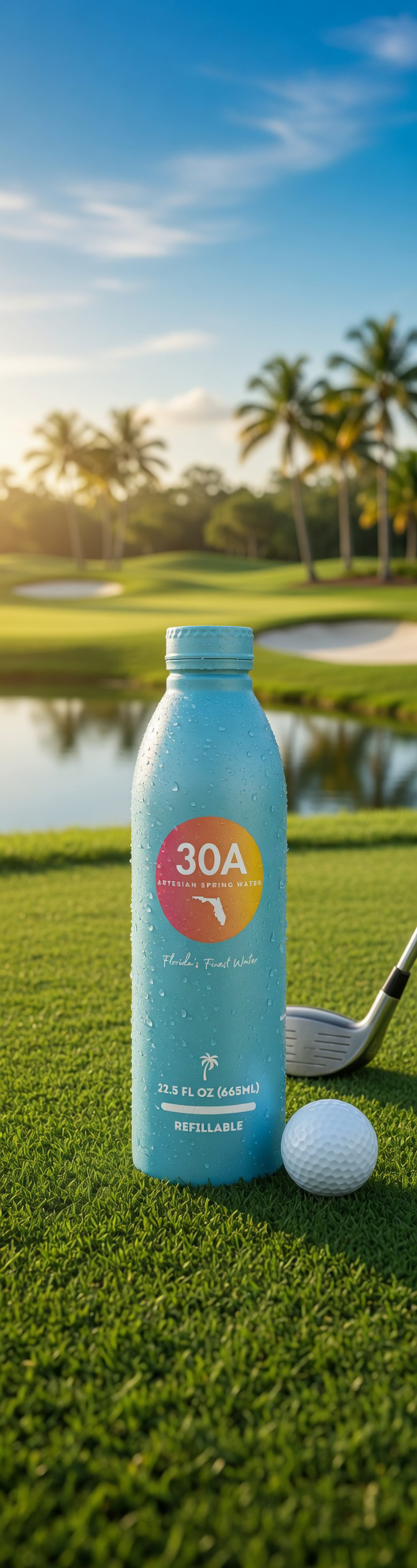 30A Spring Water bottle on the shoreline at sunrise