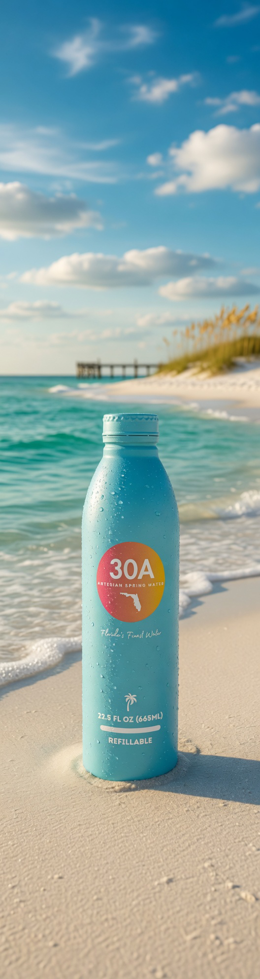 30A Spring Water bottle on a coastal dune