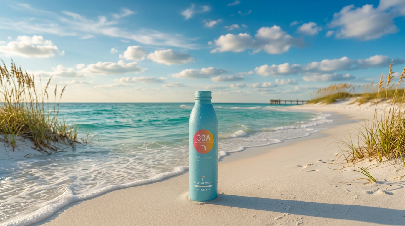 30A Spring Water bottle on a coastal dune